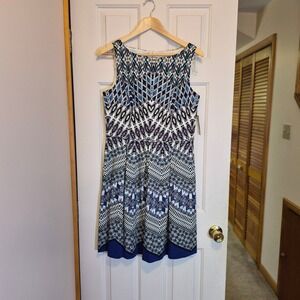 Covington Women Blue Geometric Ikat Print Sleeveless Fit and Flare Dress Size 12